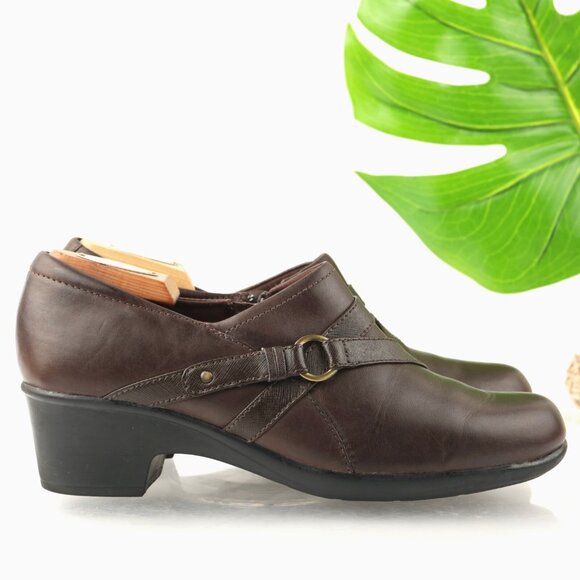 Clarks Womens Genette Arc Loafer Size 11 M Brown Leather Block Heel Bootie Shoe - Picture 1 of 12